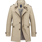 Beige classic trench coat with notched lapel, front buttons, and epaulets on shoulders.