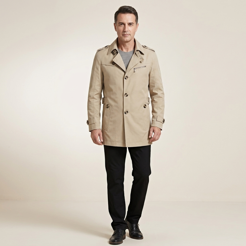 Men's beige single-breasted long trench coat with notched lapels, button front, belt