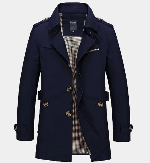Navy classic trench coat with notched lapel, gold buttons, and shoulder epaulets.