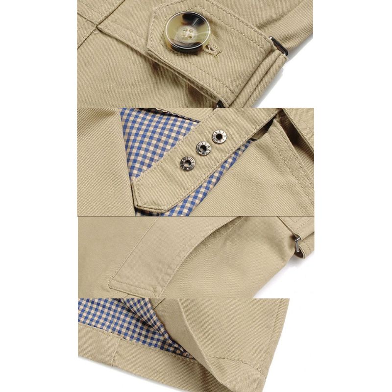 Beige trench coat close-up of shoulder strap, button tab, and blue check lining.