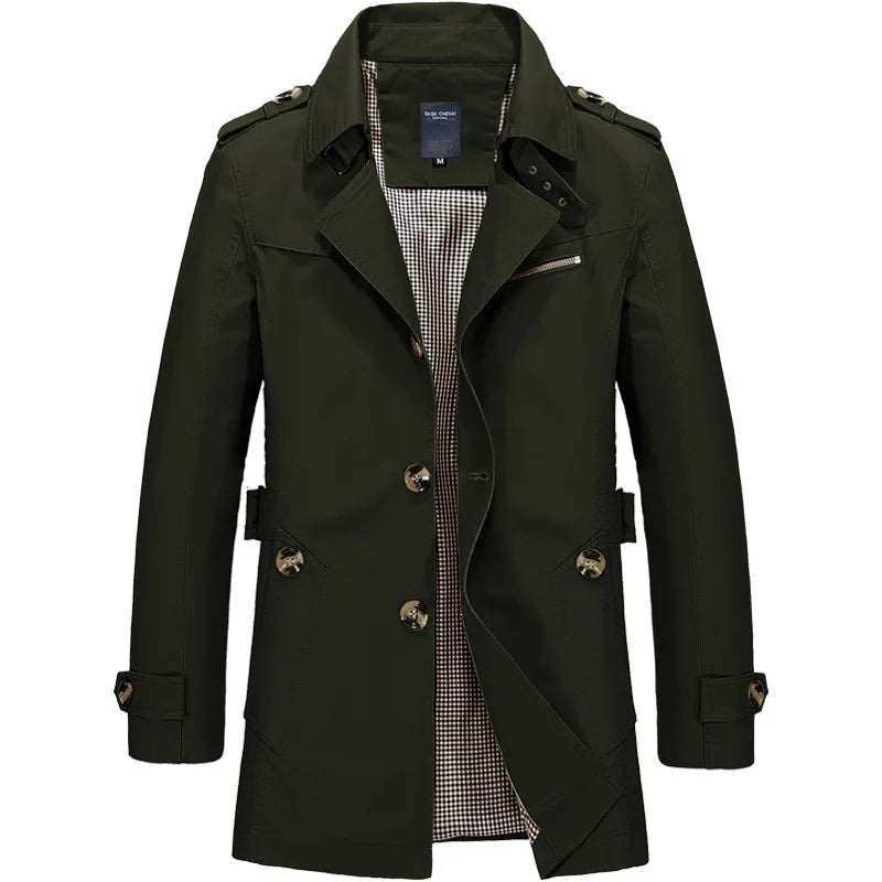 Dark green classic trench coat with notched lapel, front buttons, and epaulets.