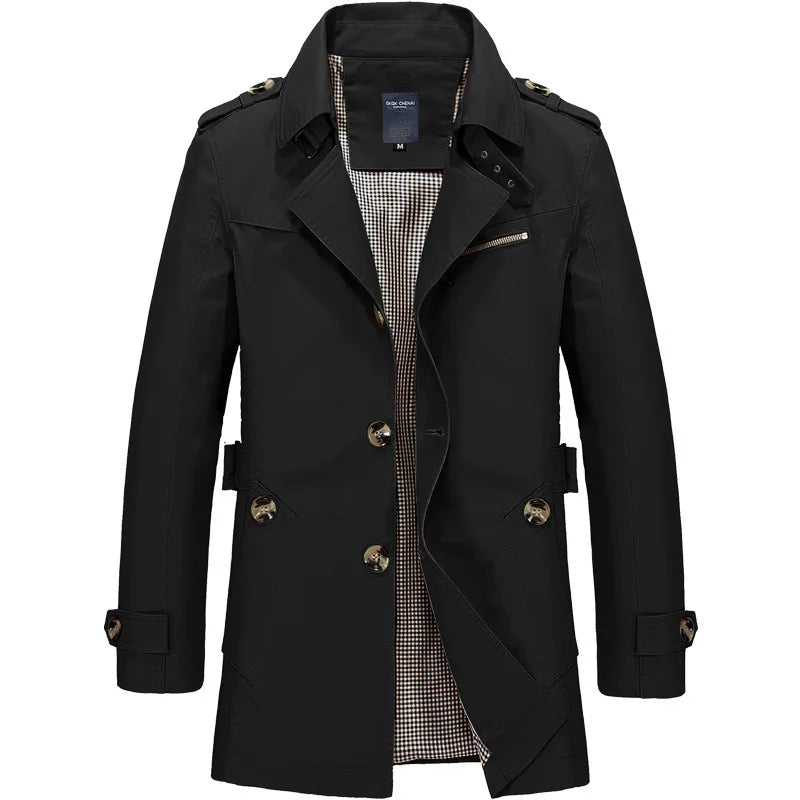Black classic trench coat with notched lapel, gold buttons, and shoulder epaulets.