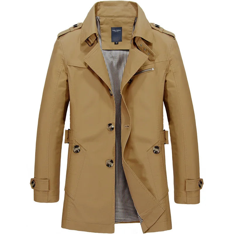 Tan classic trench coat with notched lapel, front buttons, and shoulder epaulets.
