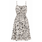White sleeveless knee-length dress with black abstract print and thin spaghetti straps