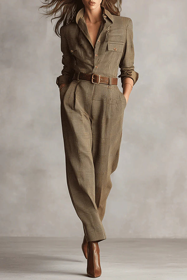Women's check jumpsuit with collar, long sleeves, button front, waist belt, tapered legs