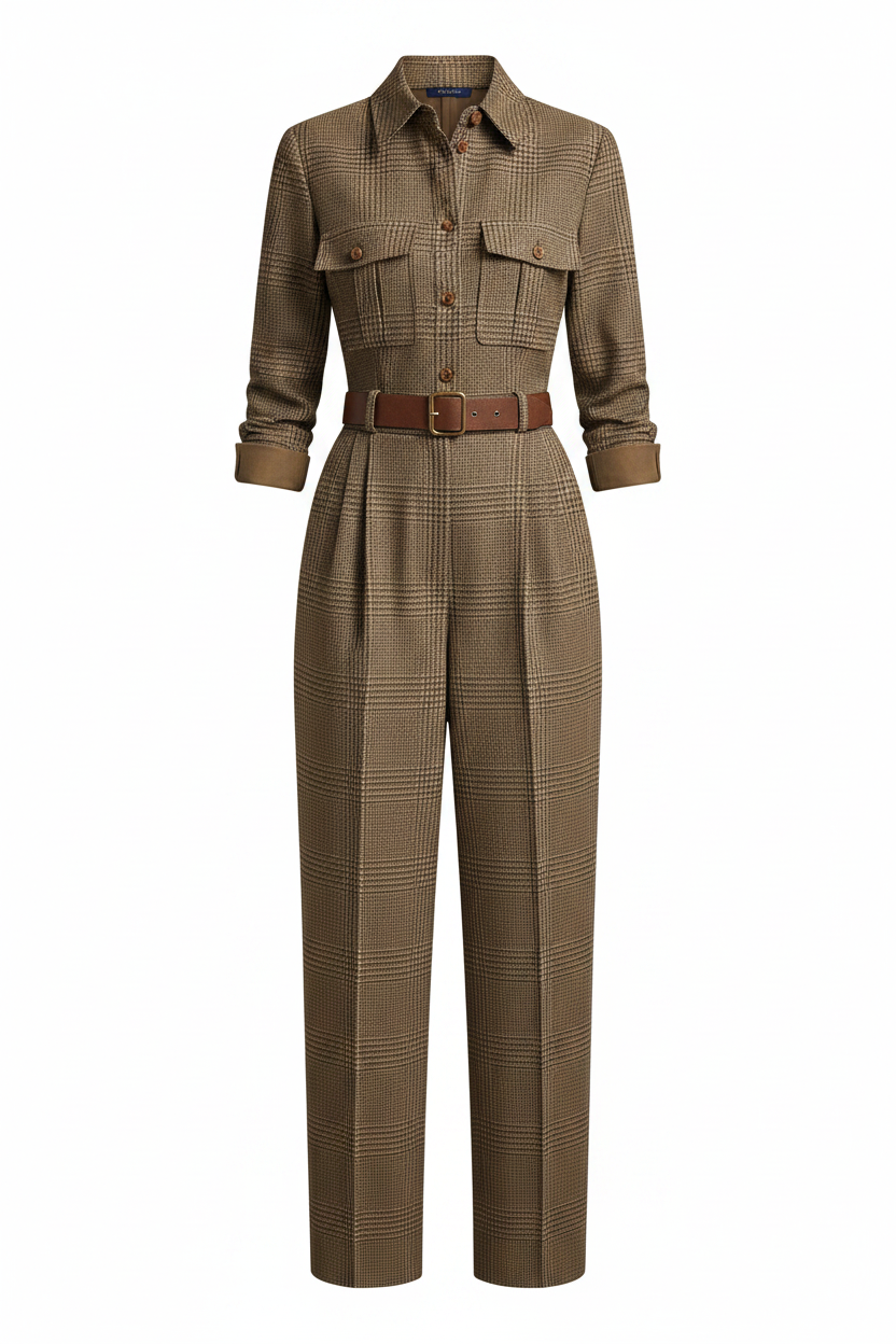 Women's check jumpsuit, tailored long sleeves, button front, chest pockets, belt