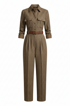 Women's check jumpsuit, tailored long sleeves, button front, chest pockets, belt