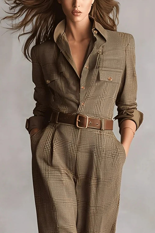 Women's brown check jumpsuit close-up, collared button front, chest pocket, belt