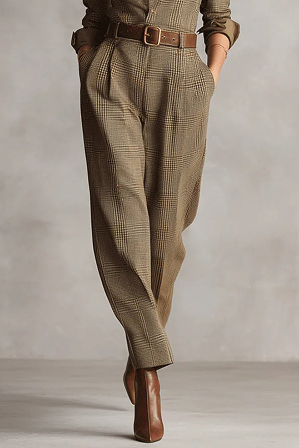 Women's brown check jumpsuit detail, belted waist, tapered legs, long sleeves