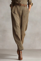 Women's brown check jumpsuit detail, belted waist, tapered legs, long sleeves