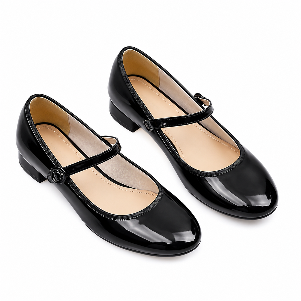 Black Mary Jane heels with ankle strap and round toe, subtle low heel.
