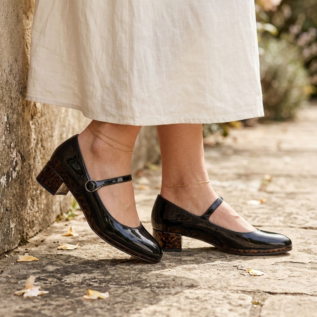Black Mary Jane block heels with ankle strap and glossy round toe.