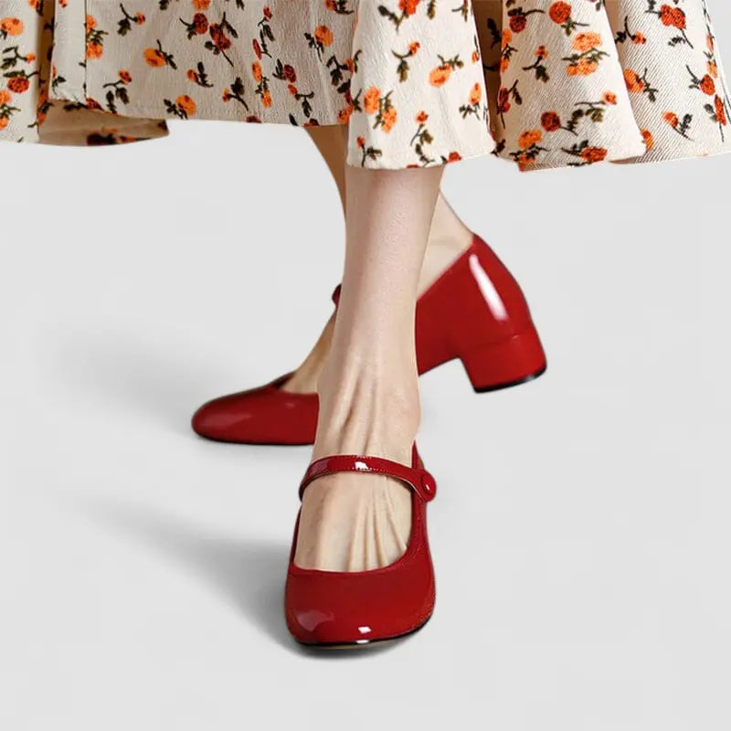 Red Mary Jane shoes with ankle strap and mid-height chunky heel