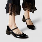 Black Mary Jane flats with ankle strap and square toe heel