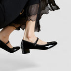 Black patent Mary Jane shoes with ankle strap and block heel