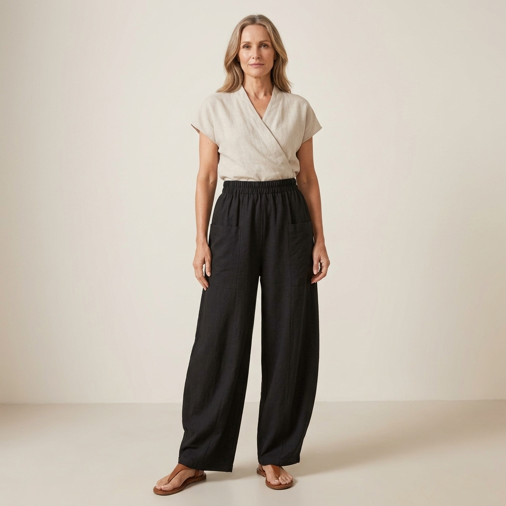 Women's elastic waist wide-leg palazzo trousers, black, relaxed fit