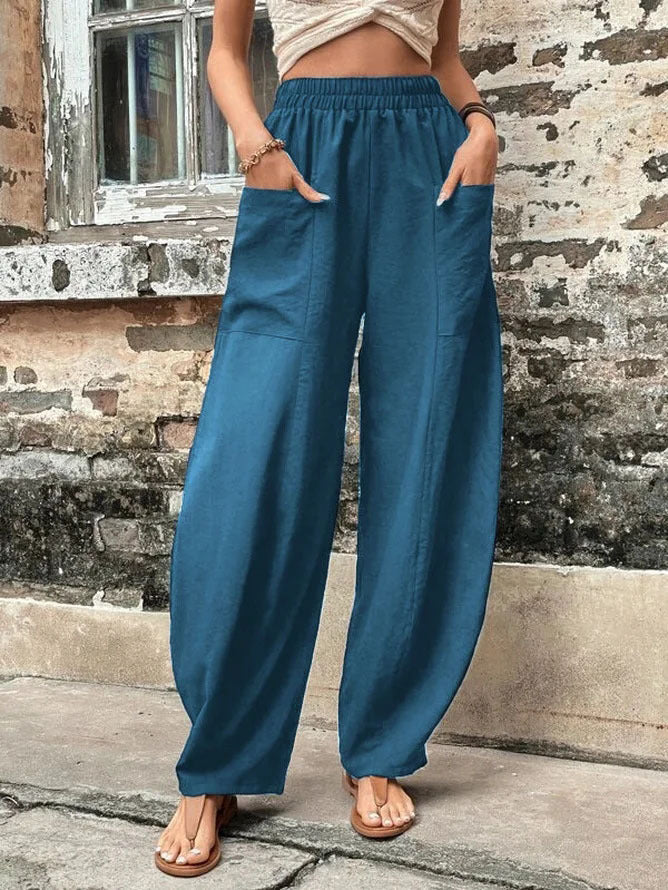 Relaxed wide-leg palazzo trousers, elastic waist, dark blue