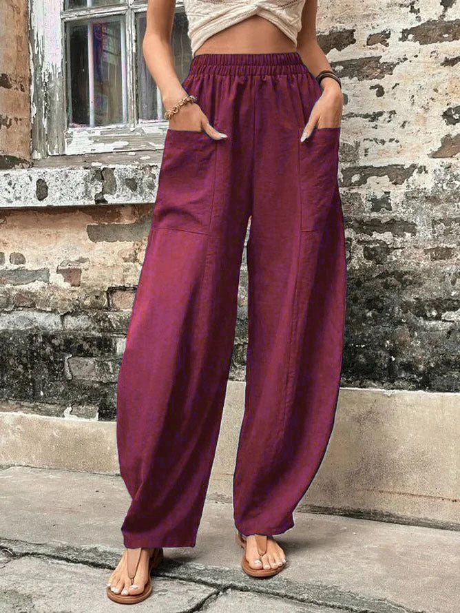 Relaxed wide-leg palazzo trousers, elastic waist, burgundy
