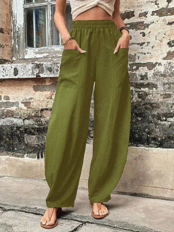 Relaxed wide-leg palazzo trousers, elastic waist, olive green