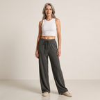Women's relaxed wide-leg sweatpants, dark grey soft knit with drawstring waist