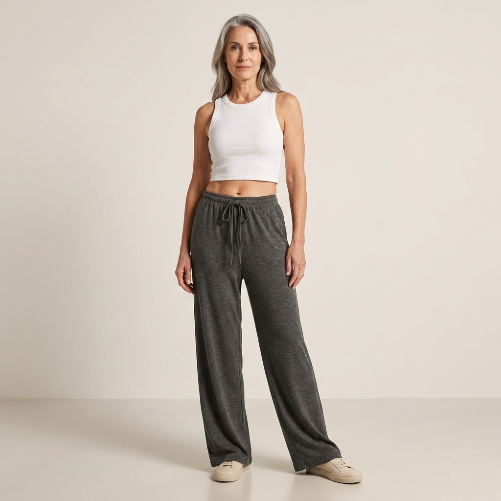 Women's relaxed wide-leg sweatpants, dark grey soft knit with drawstring waist