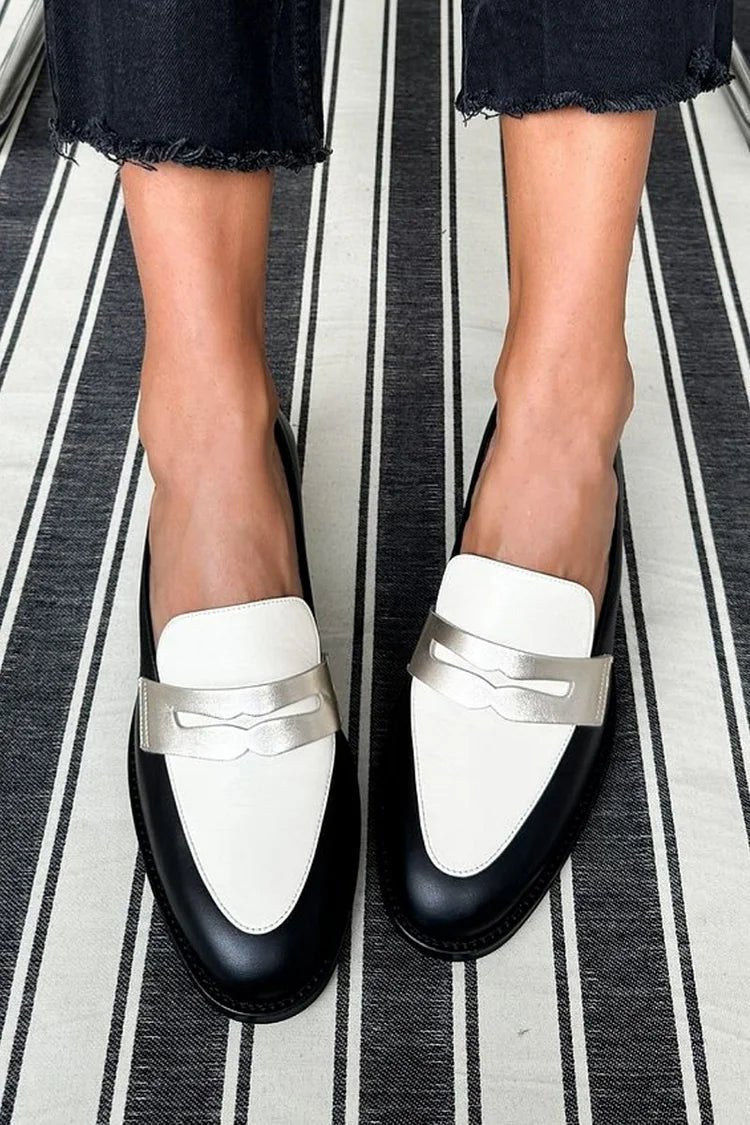 Women's two-tone leather loafers with metallic-look buckle detail and white vamp