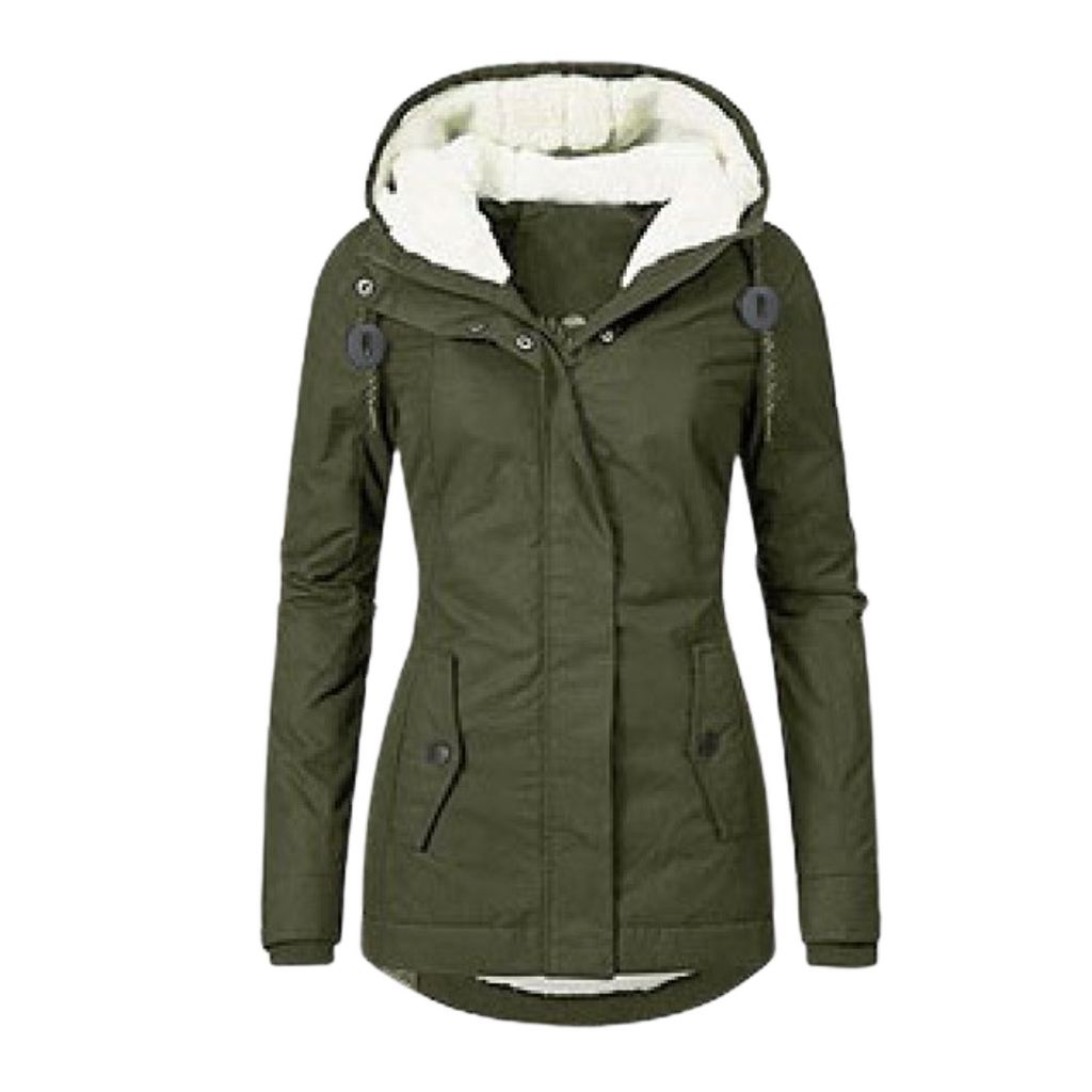Women’s green winter parka with faux-fur hood, front zipper, and button pockets