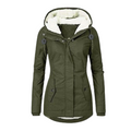 Women’s green winter parka with faux-fur hood, front zipper, and button pockets