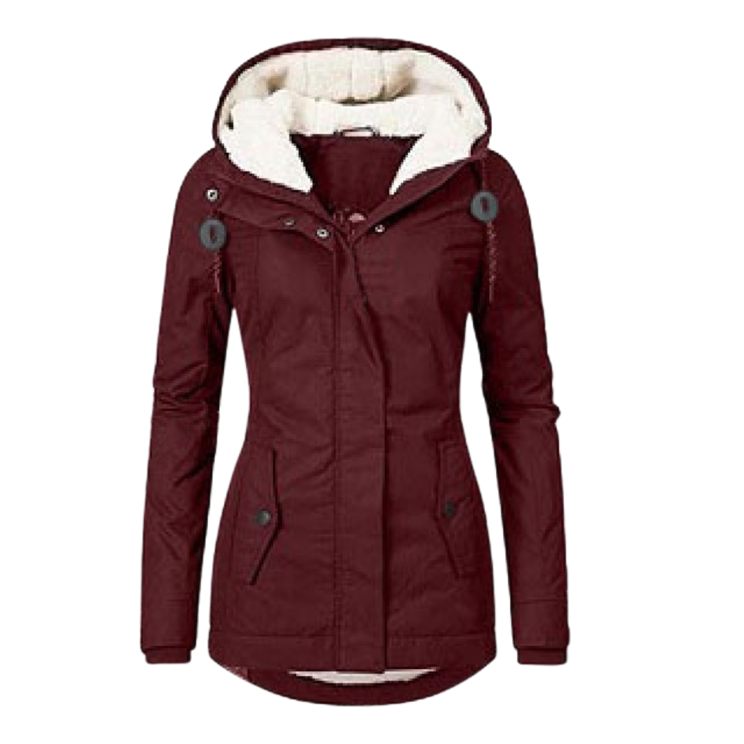 Women’s burgundy winter parka with faux-fur hood lining, front zipper, and flap pockets