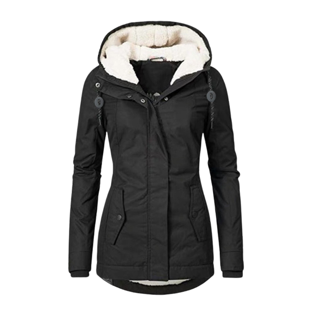 Women’s black winter parka with faux-fur hood lining, front zipper, and utility pockets
