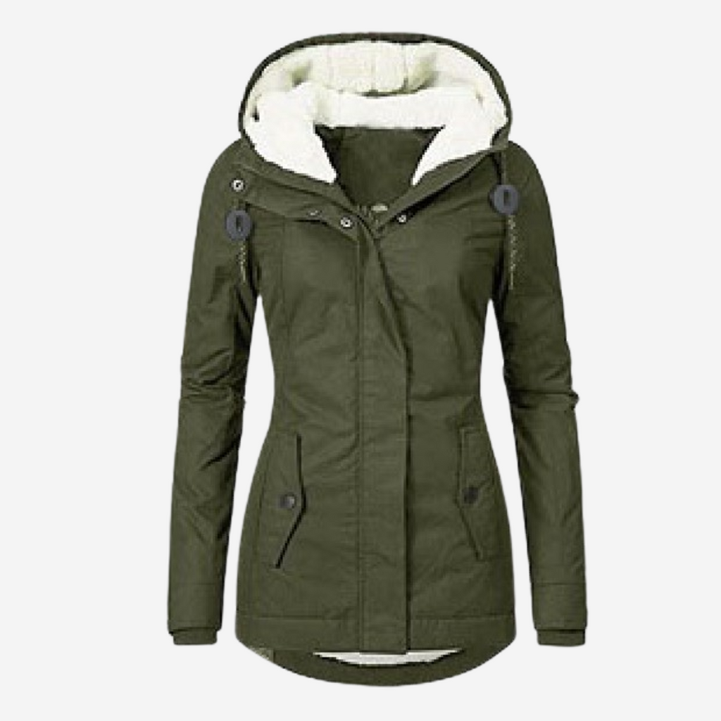 Women’s green winter coat with faux-fur hood trim, cinched waist hem, and side pockets