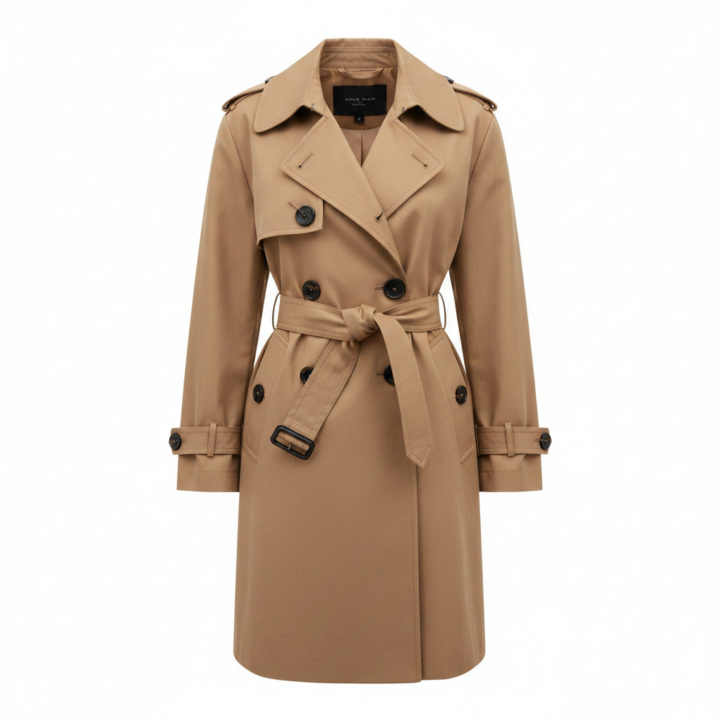 Beige women's trench coat with double-breasted button front, notched lapels, belted waist