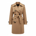 Beige women's trench coat with double-breasted button front, notched lapels, belted waist