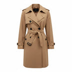 Beige women's trench coat with double-breasted button front, notched lapels, belted waist