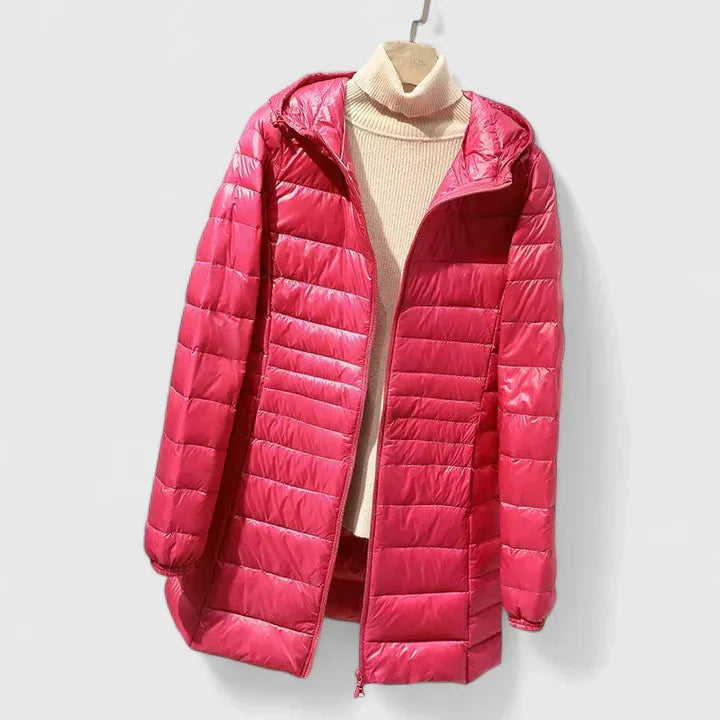 Rose red puffer coat with stand collar, full-zip front, hoodless design