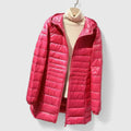 Rose red puffer coat with stand collar, full-zip front, hoodless design