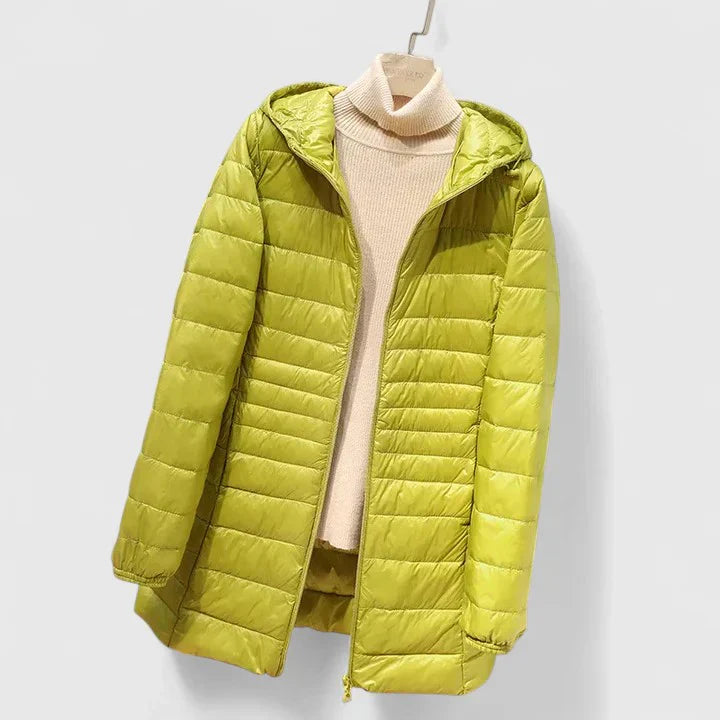Lime green puffer coat with hood, stand collar, full-zip front
