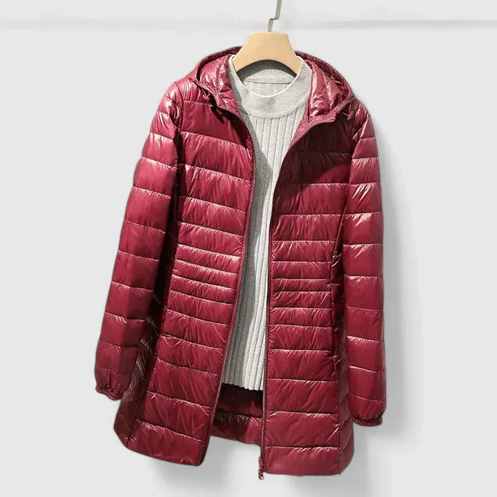 Burgundy quilted puffer coat with full zipper and two side pockets, hoodless