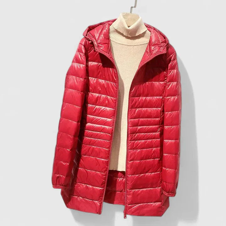 Red puffer coat with stand collar, full-zip front, subtle quilted panels