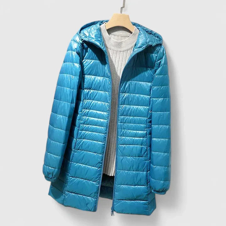 Light blue puffer coat with hood, stand collar, full-zip front