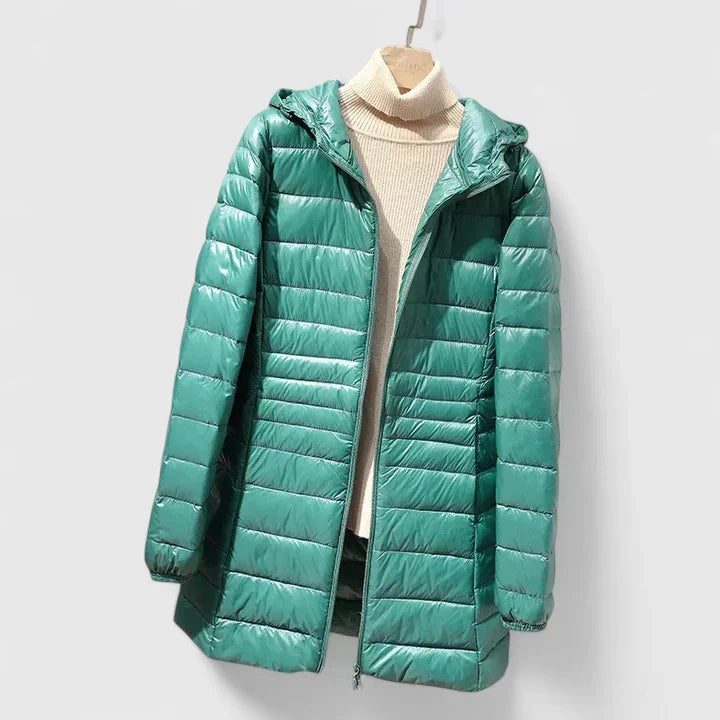 Teal green puffer coat with hood, stand collar, full-zip front