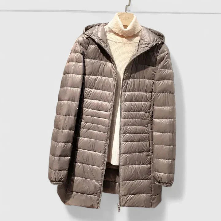 Taupe puffer coat with hood, stand collar, full-zip front