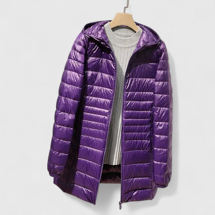 Purple puffer coat with hood, stand collar, full-zip front