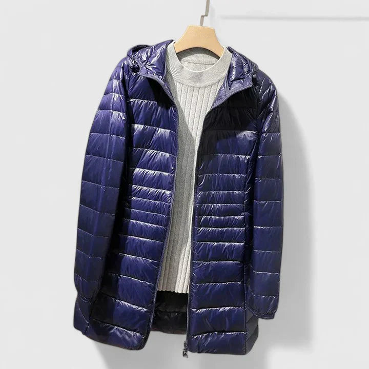 Navy blue puffer coat with hood, stand collar, full-zip front