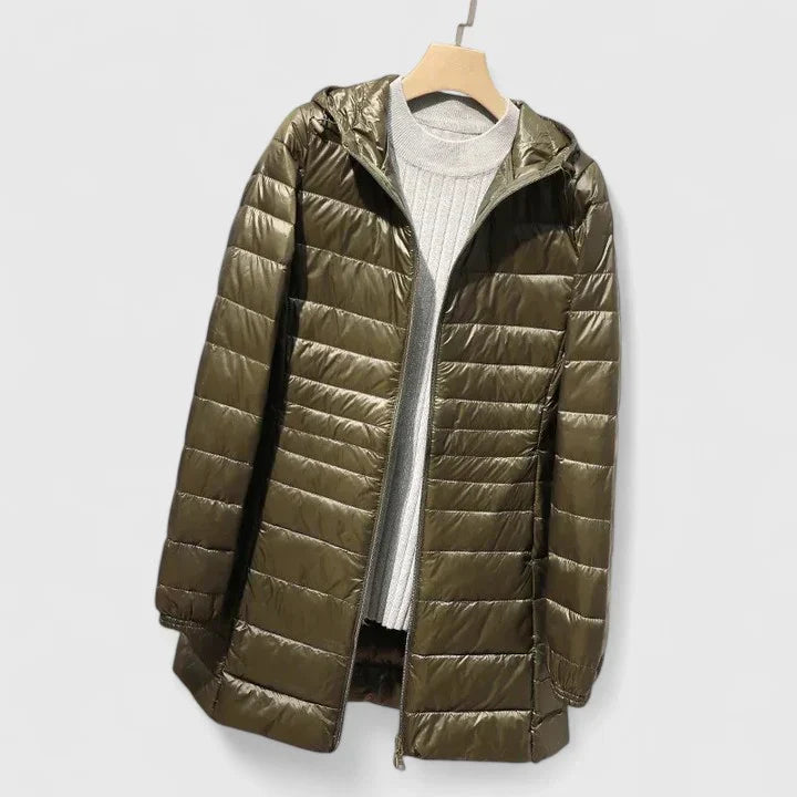 Khaki olive puffer coat with hood, stand collar, full-zip front