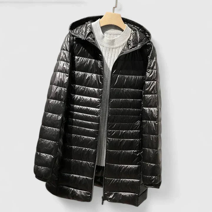 Black puffer coat with hood, stand collar, full-zip front