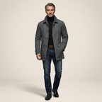 Men's grey weather-resistant overcoat with button front and stand collar