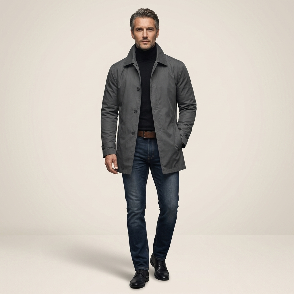 Men's grey weather-resistant overcoat with button front and stand collar