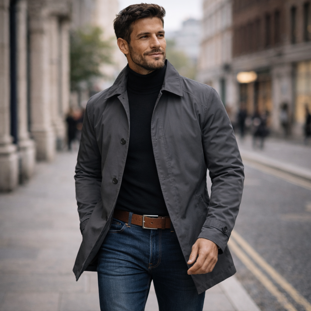 Men's weather-resistant overcoat in dark gray, front button closure, standing collar, cuffs.