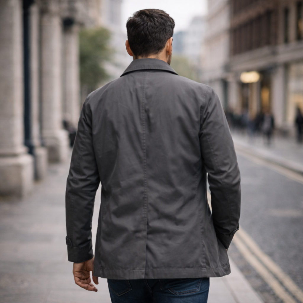 Men's weather-resistant overcoat in dark gray, back view with center seam and vent.